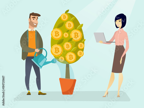 Caucasian man watering tree with bitcoin coins and young woman holding laptop. Investment and profit in blockchain network technology, ICO initial coin offering concept. Vector cartoon illustration.