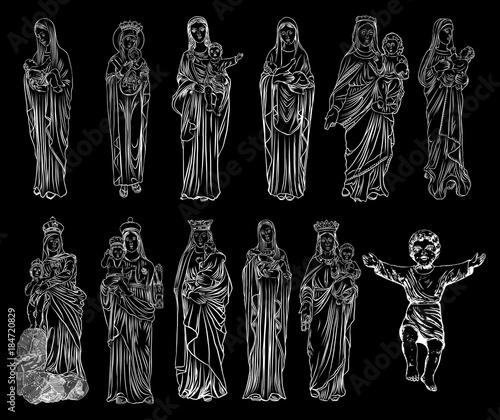 Set of Virgin Mary tattoo art. Symbol of Christianity religion, mother of Christ. Blackwork adult flesh tattoo concept. Saint Mary with a child Jesus template concept. Vector.