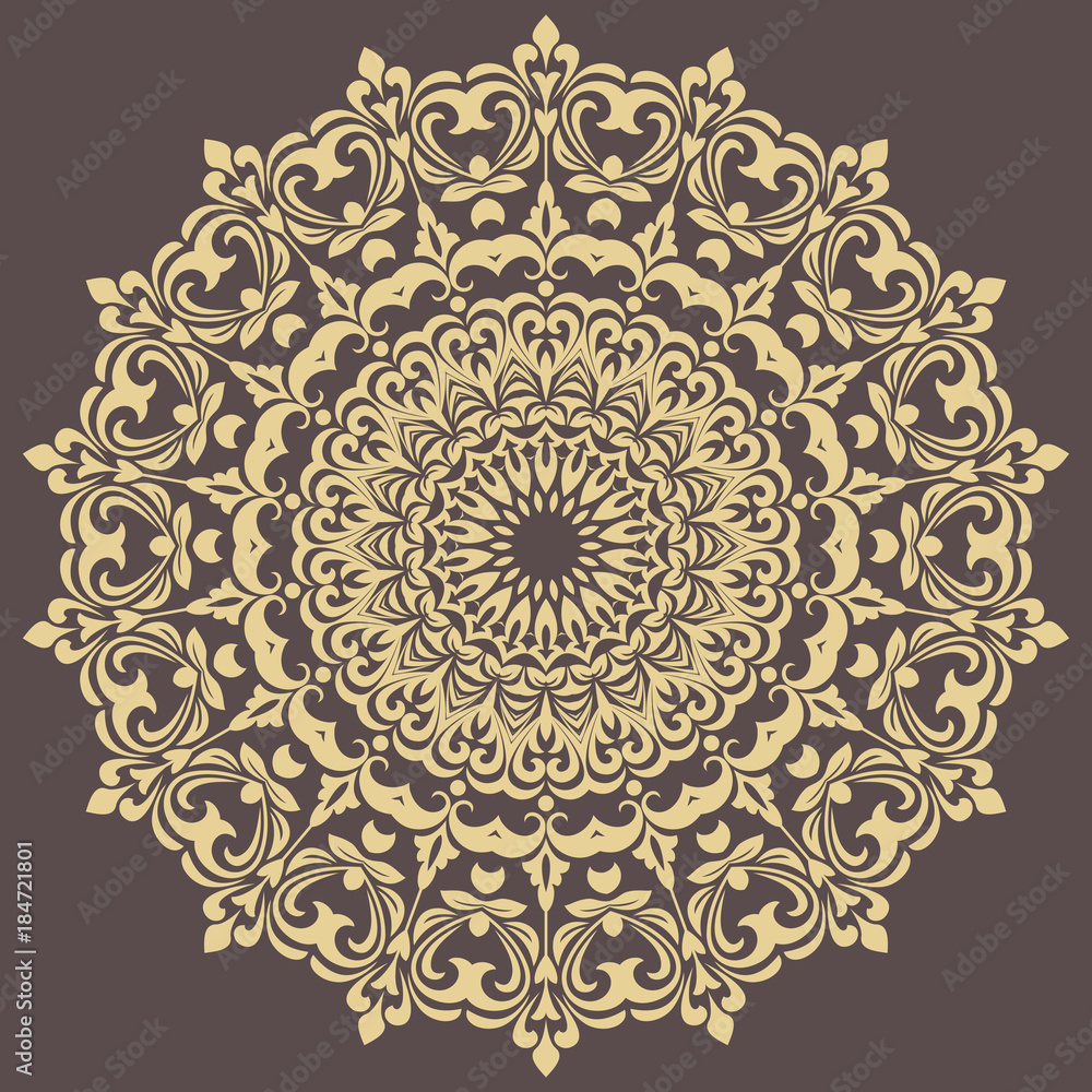 Oriental round golden pattern with arabesques and floral elements. Traditional classic ornament. Vintage pattern with arabesques