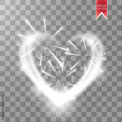 Happy Valentines Day greeting card. I Love You. 14 February. Holiday background with two hearts with luminous fireworks , light, stars on transparent background. Vector Illustration