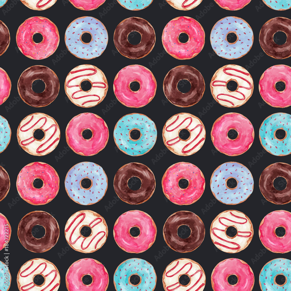 Fototapeta premium Watercolor tasty donuts vector pattern