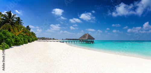 Tropischer Traumstrand der Malediven mit Kokosnusspalmen, türkisem Wasser und feinem Sand
