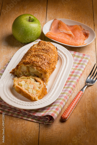 strudel stuffed with fresh salmon and apple