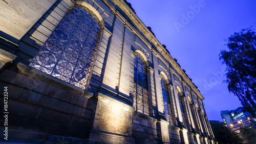 Night shot of side of a church