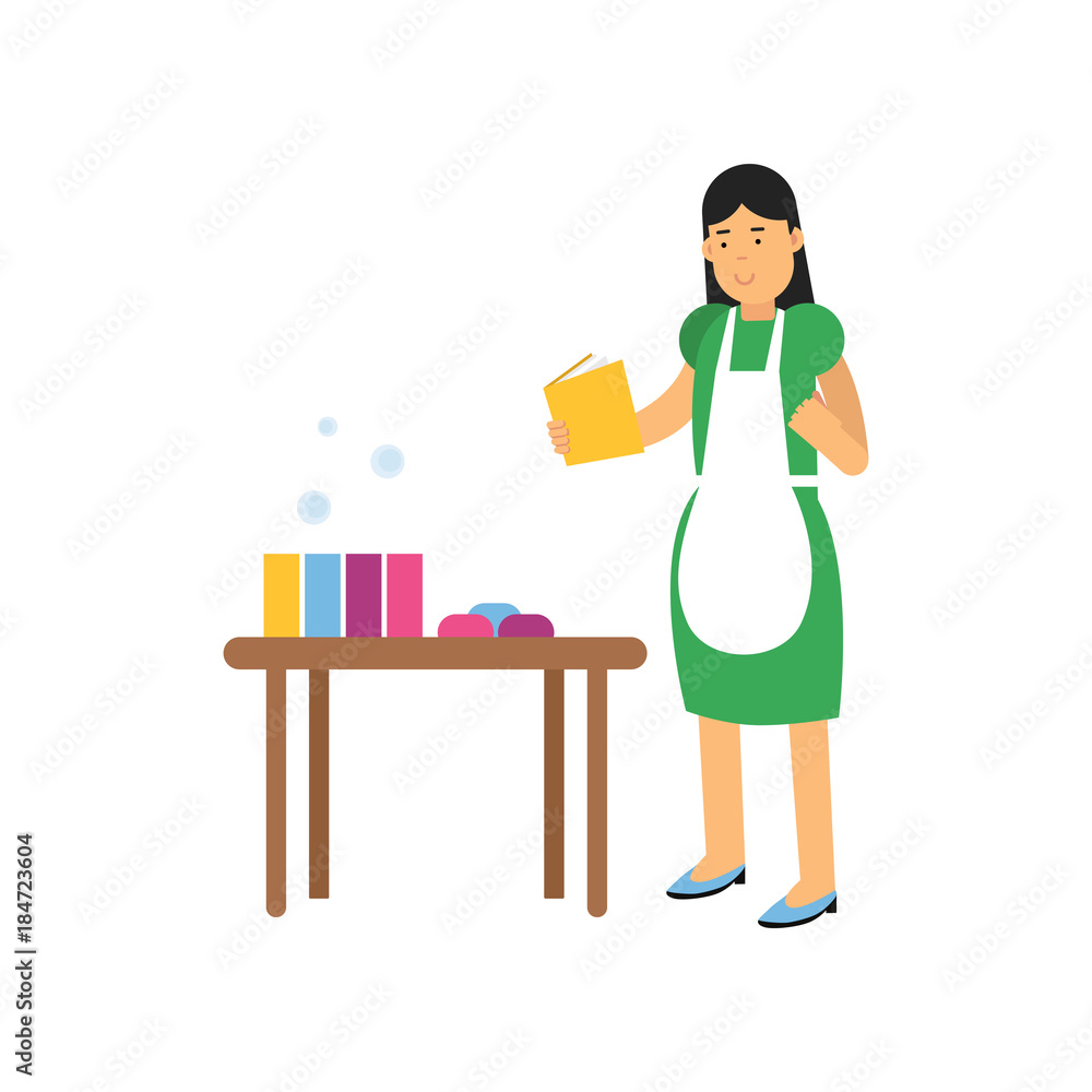 Young woman character in green dress and white apron making homemade soap. Craft hobby or creative profession concept. Flat cartoon illustration