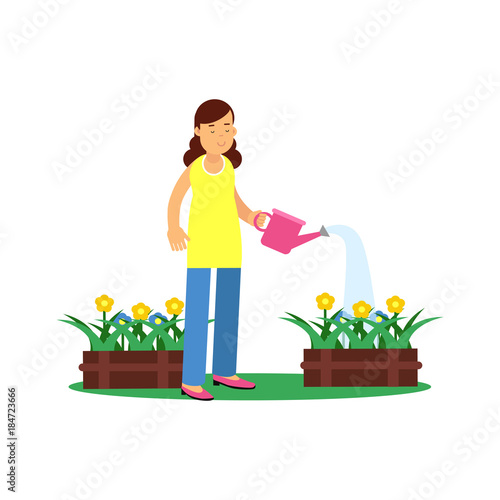 Cute brunette young girl character watering flowers. Gardening and floriculture, people hobby concept. Flat cartoon vector on white.