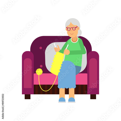 Grandmother sitting in a cozy armchair knitting yellow scarf. Old woman character vector illustration in flat style on white background.