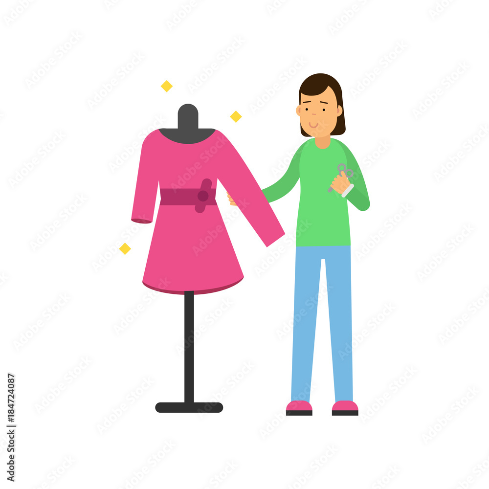 custom made wallpaper toronto digitalYoung woman tailor sewing dress on a dressmaker s dummy. Female fashion clothing designer character. Flat colorful vector illustration