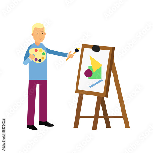 Smiling young man artist painting on canvas. Male standing with palette and brush in hands next to the easel. Vector cartoon character