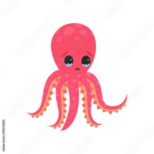 Sad octopus character with tears in his eyes. Invertebrate sea animal concept. Cartoon mollusk with six tentacles. Flat vector design for print, emoji sticker or poster