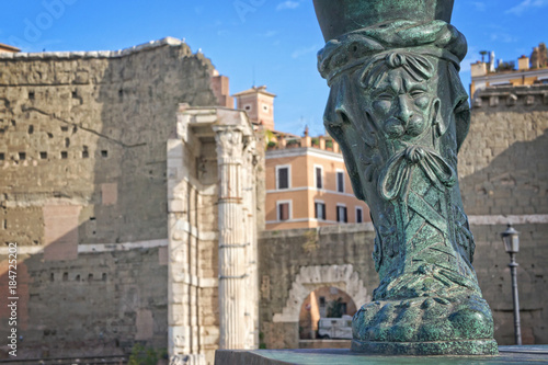 Ruins and statue of the Roman Forum in Rome, Italy with copy space