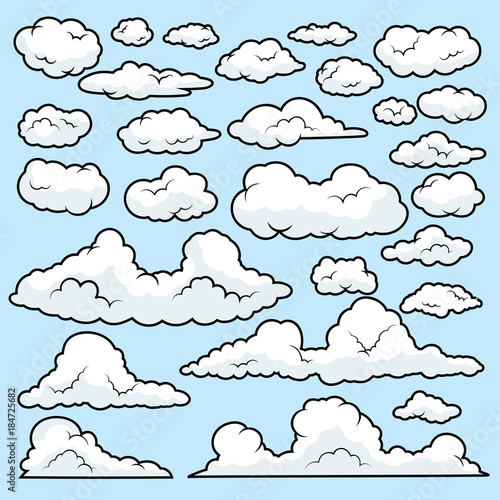 Set of funny cartoon clouds, Clouds  on Blue Sky Background. , Clouds patterns and clouds icons, filling sky scenes or user interface games backgrounds. Vector