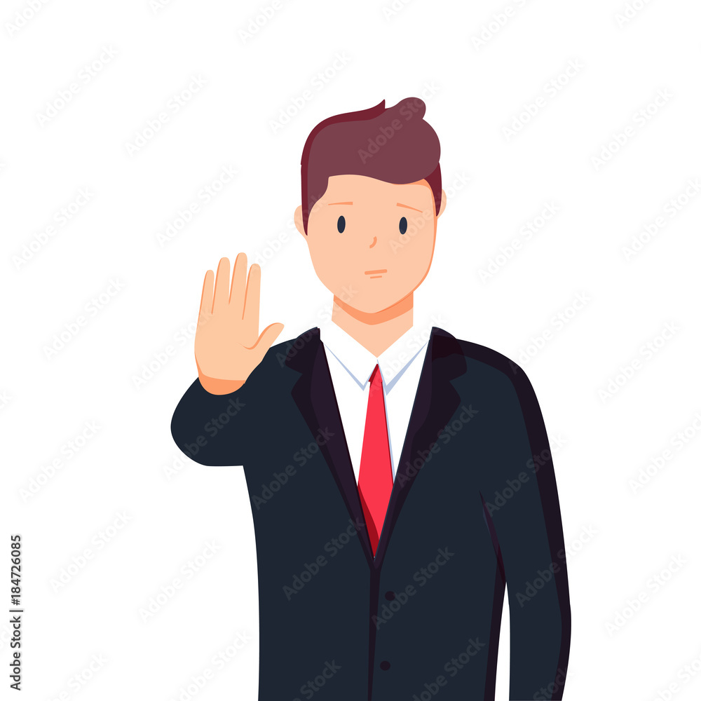 Vector illustration character portrait of businessman, raising hand, palm stretch forwards, body language saying no Vector illustration character portrait of businessman, raising hand, palm stretch forwards, body language saying no