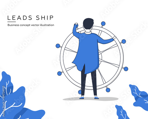 Captain. Businessman leads ship toward profit. Business concept vector illustration.