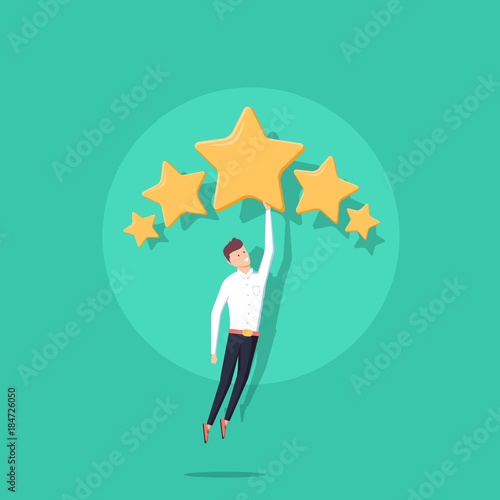 Businessman holding five gold stars for rating, quality and business concept. Vector, illustration, flat.