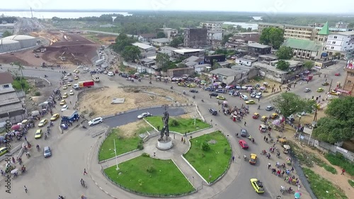 Scenic statue in downtown Douala, aerial photo