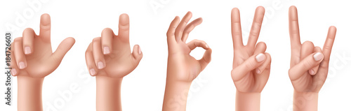 Set of vector illustrations of male or female hand gestures with a raised finger up, an ok sign, victory, a goat isolated on a white background.