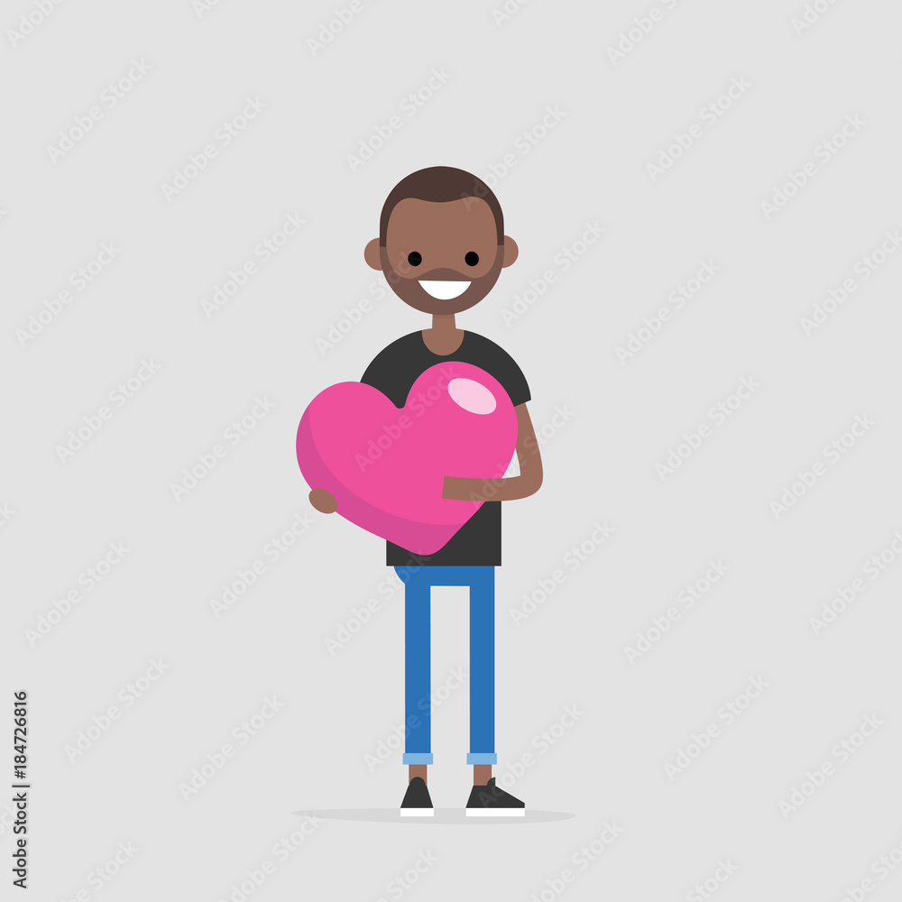 Saint Valentines concept. Young black smiling character holding a big pink heart. Declaration of love. Flat editable vector illustration, clip art Saint Valentines concept. Young black smiling character holding a big pink heart. Declaration of love. Flat editable vector illustration, clip art