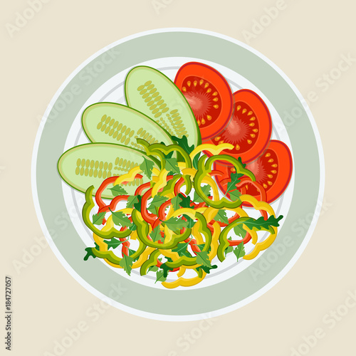 A dish of cut vegetables. Tomato, pepper and cucumber nicely laid out on the plate. The concept of healthy eating.