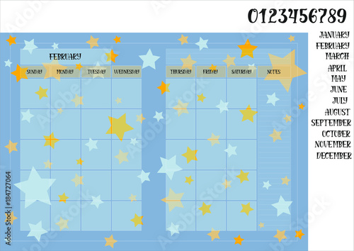 Monthly planner book size on a blue background with stars names of months with numerals