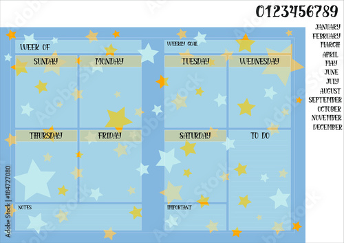 Weekly planner book size on a blue background with stars and names of months with numerals