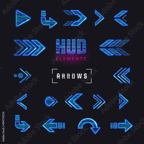 Futuristic interface hud design elements. Set of arrows, pointers, direction. Set of holographic arrows, pointers, direction for infographics. Effect glitch or neon or hologram.Tech and science theme.