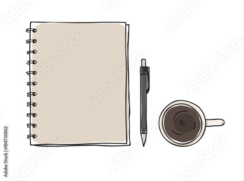 notebook and pen coffee cup art hand drawn vector art illustration