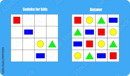 Sudoku game with pictures (geometric shapes) for children, easy level, education game for kids, preschool worksheet activity, task for the development of logical thinking, vector illustration