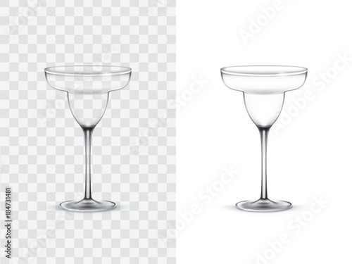 Realistic margarita glasses, vector illustration isolated on white and transparent background. Mock up, template of glassware for cocktail
