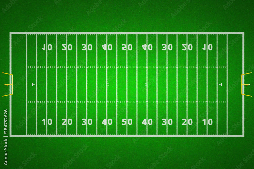 Fototapeta Widok z góry na boisko do futbolu amerykańskiego. Zielona trawa wzór na tle sportu. Boisko do piłki nożnej ragby z białymi liniami wyznaczającymi boisko.