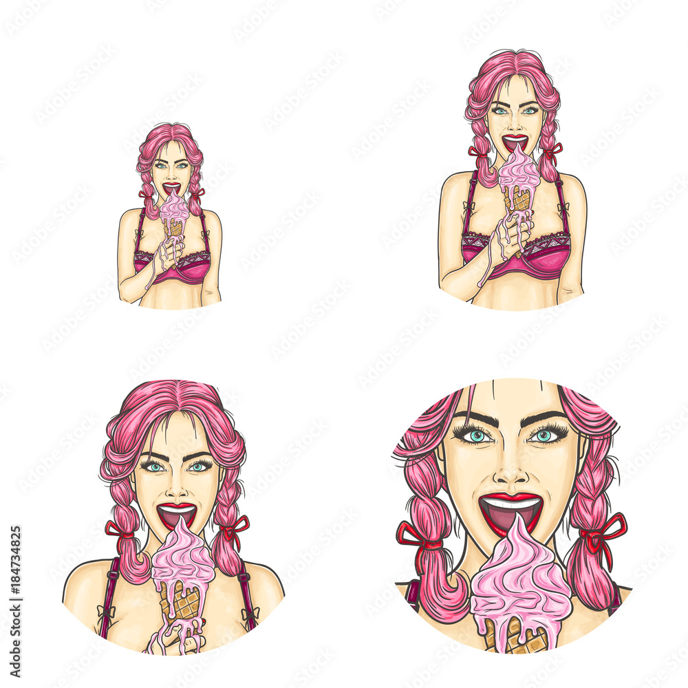 Set of vector pop art round avatar icons for users of social networking, blogs, profile icons. Young pin-up girl, teenager with pink hair holds a waffle cone with melting ice cream in her hand Set of vector pop art round avatar icons for users of social networking, blogs, profile icons. Young pin-up girl, teenager with pink hair holds a waffle cone with melting ice cream in her hand