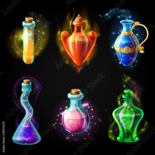 Glass bottles with a magical potion, sealed jars of different shape with sparkling multi-colored elixir, isolated on a black background. Vector game icons, elements for game design