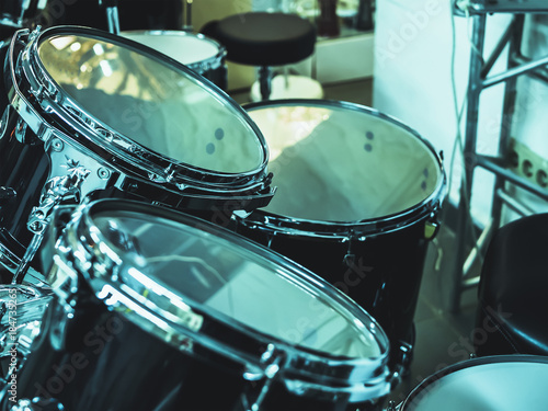 Closeup of drum set drummer equipment.