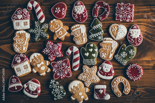 Christmas cookies on wooden board 