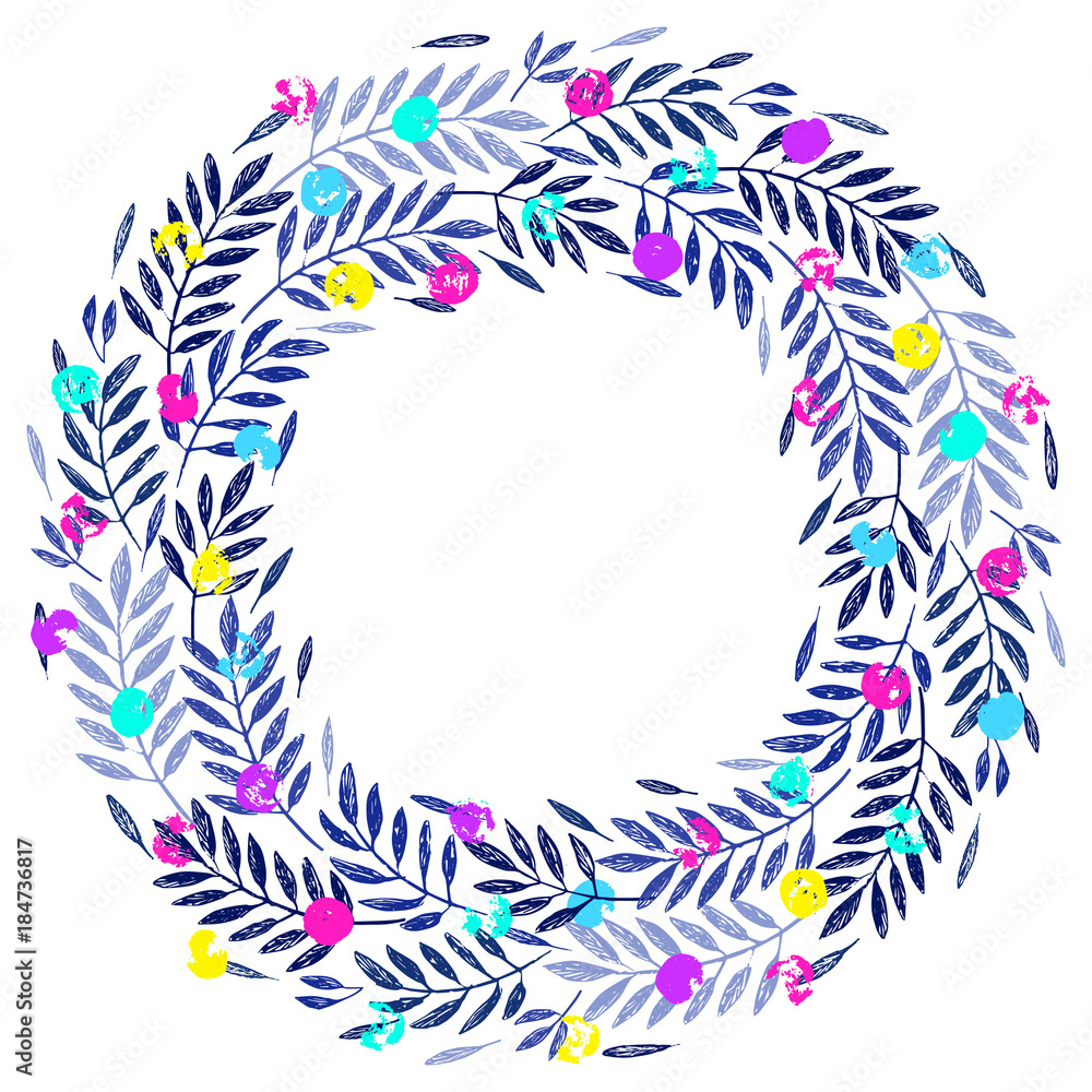 Obraz premium Tropical palm leaves, foliage wreath, round frame. Tropical jungle palm tree background vector illustration. Invitation, greeting card template. Twigs wreath with bright color spot dots in neon colors