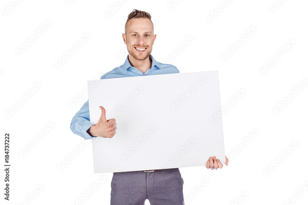 young man holding black blank panel with space for text on white background. young man holding black blank panel with space for text on white background.