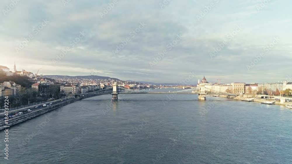 Flight over Budapest city at sunset, Hungary, Europe
