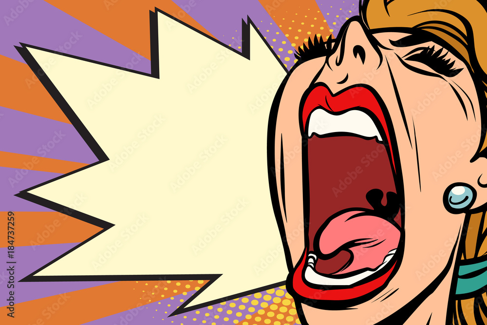 Девушка кричит на парня мем Close-up face pop art woman screaming rage Векторный объект Stock Adobe Stock