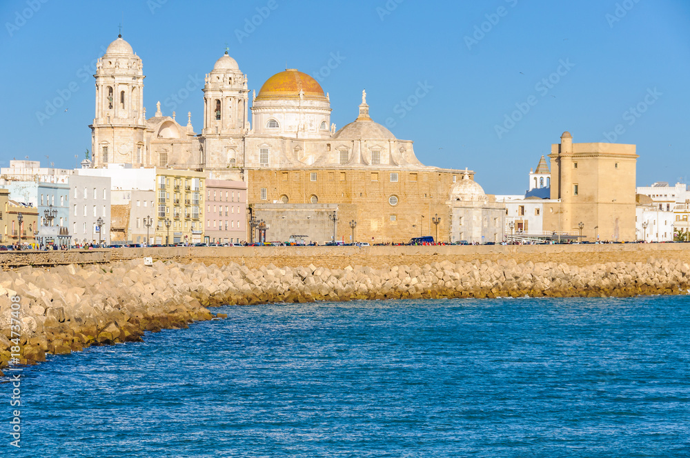 Seaside in Cadiz with the Cathedral,  Spain