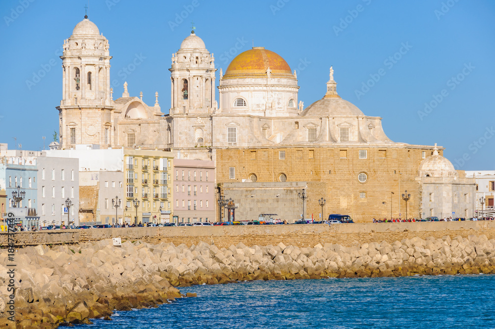 Seaside in Cadiz with the Cathedral,  Spain