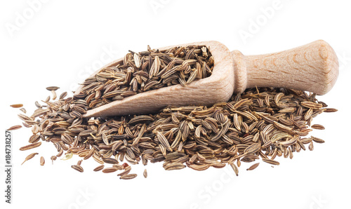Cumin or caraway seeds in scoop isolated on white background. Collection