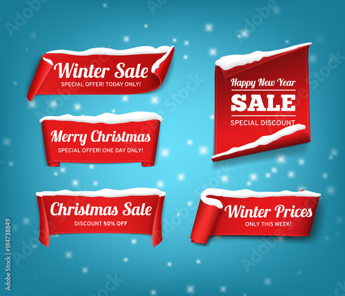 Winter set of red, vector, paper banners. Christmas and happy new year Sale. Vector illustration.