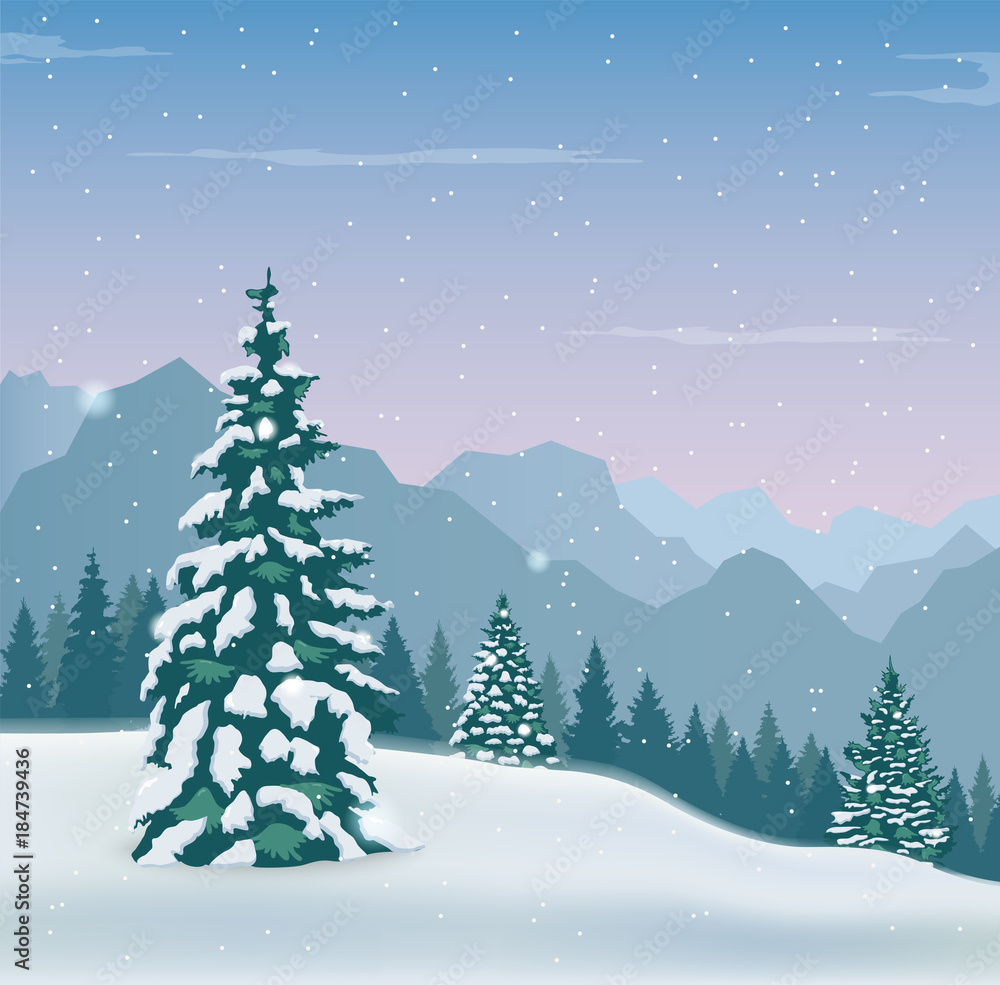 Winter landscape with snow trees and mountains. Winter holidays. Vector