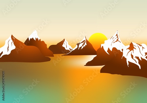 Morning landscape with mountains and orange sky at sunrise with sun reflecting on the surface of the lake 
