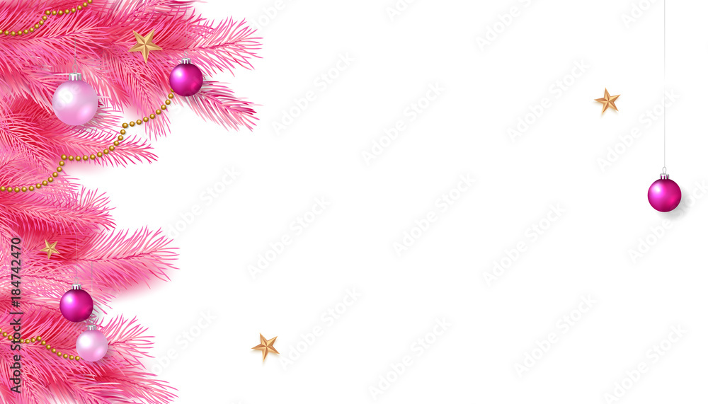 Christmas composition. Frame with pink fir branches, christmas balls, gold stars. Vector illustration.