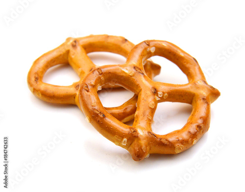 Crispy pretzels on white background