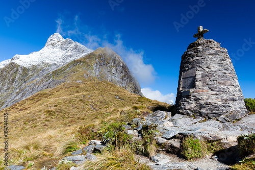 Mackinnon Pass memorial on the Milford Track, Great Walk of New Zealand photo