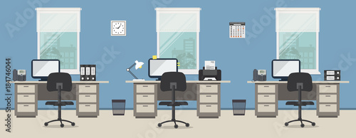 Office room in a blue color. Workplace of office workers with gray furniture on a windows background. There are desks, black chairs, phones, a printer, a clock and other objects in the picture. Vector