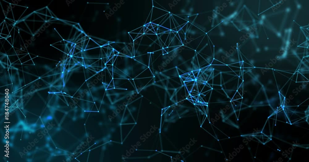 abstract blue geometrical plexus flowing movement on black background with lines and dots