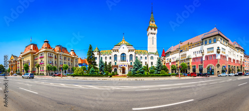 Targu-Mures, Romania, Europe. Street view of the Administrative palace and the Culture palace, landmark photo